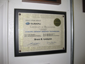 Brent's original Subaru Senior Master Technician Certificate