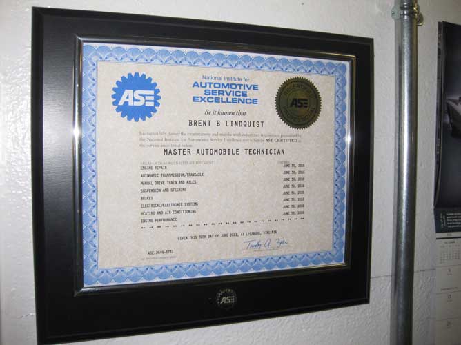 Brent's Autoworks ASE Certified Master Automobile Technician certificate