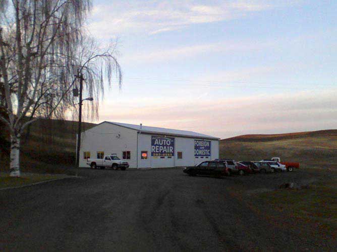 auto shop exterior at dusk