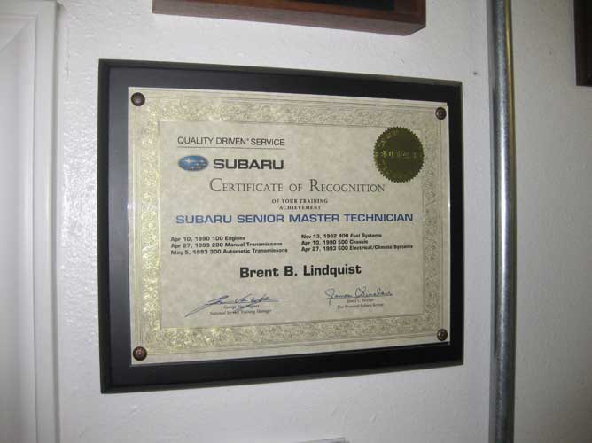 Brent Lindquist's certificate as a Subaru repair senior master technician