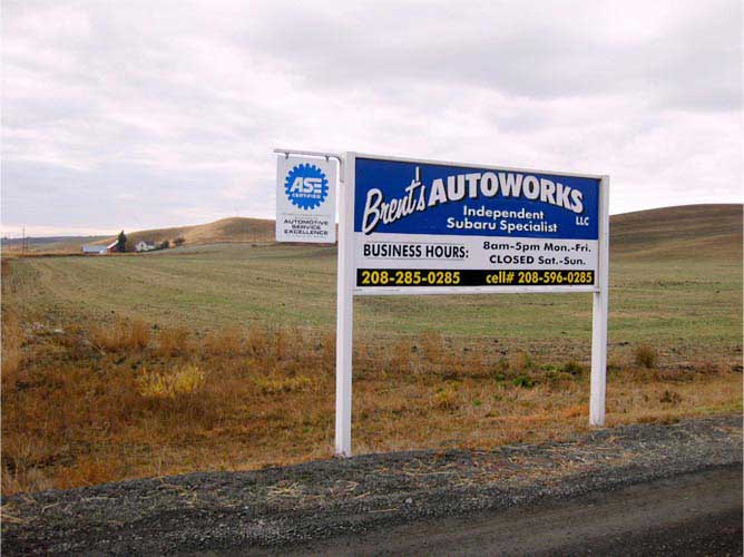 Brent's Autoworks Independent Subaru Specialist sign with ASE Certified logo